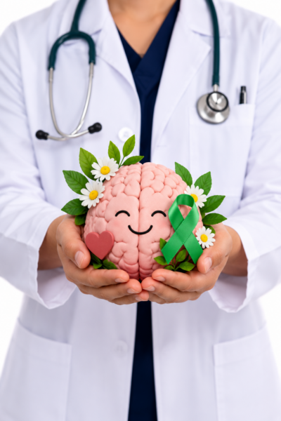 Cerveau souriant entre les mains d’un soignant